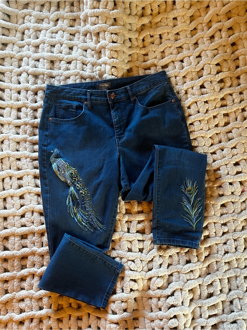 Martha Stewart Dark Blue Skinny Jeans with Peacock Embroidery